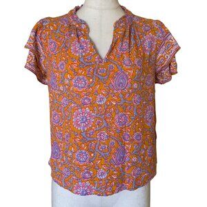Rachel Roy Tops Orange Floral Paisley Ruffle Short Sleeve V-neck Blouse